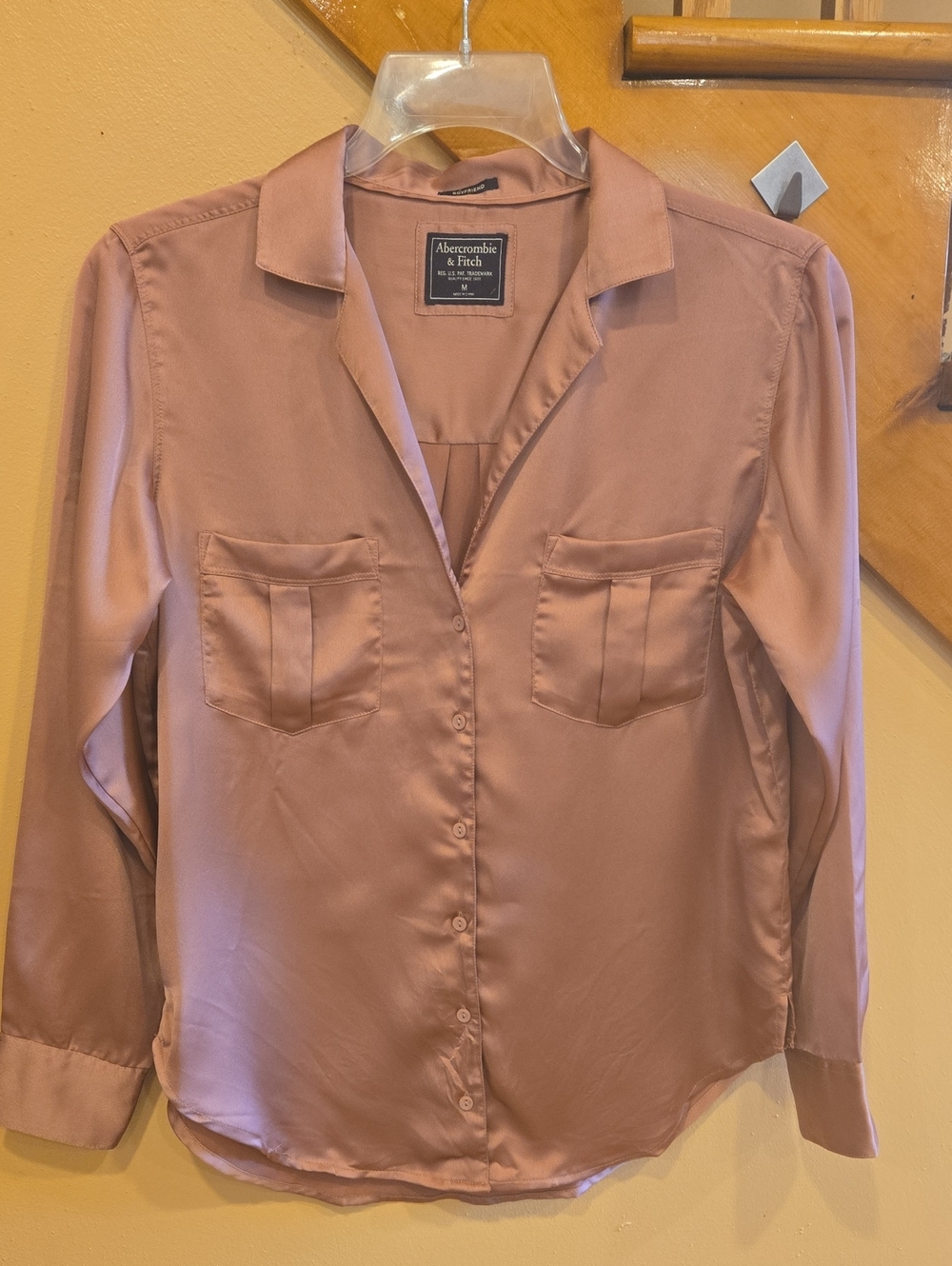 Abercrombie & Fitch Women's Dusty Rose Boyfriend Satin Button-Up Blouse